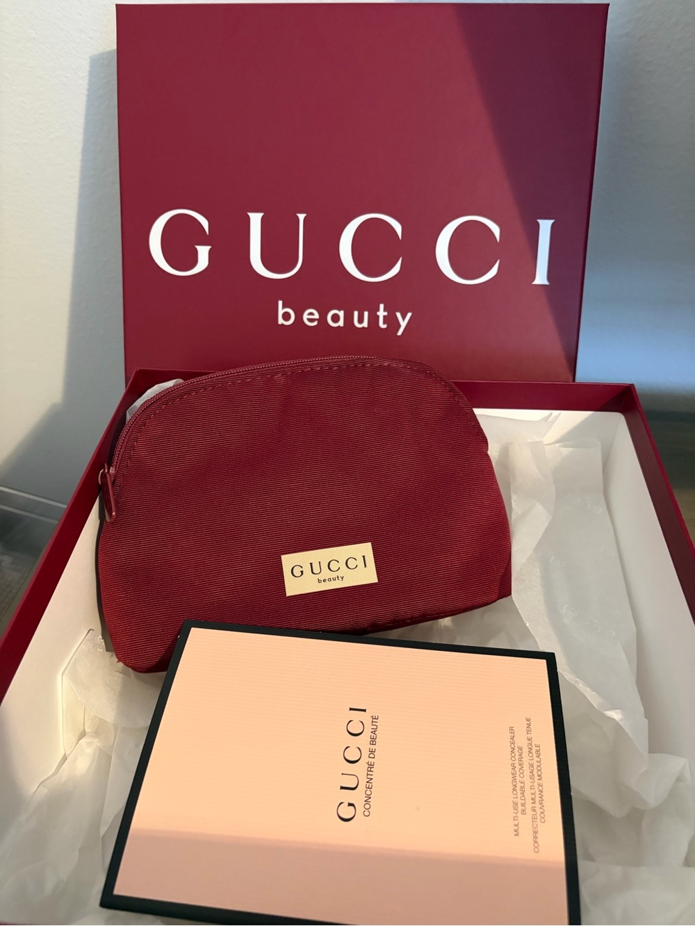 Gucci Beauty Wine Red Cosmetic Pouch 
Comes with beauty makeup shown.❤️❤️